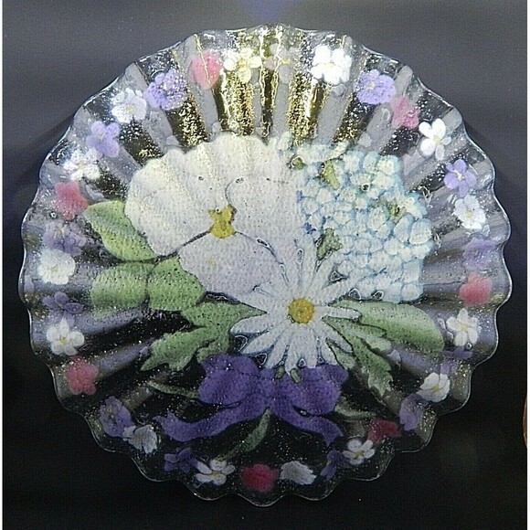 Fused Glass Floral Bouquet Plate Dish Pansy Daisy Ruffled Edge 10.5 In Signed - Picture 2 of 8
